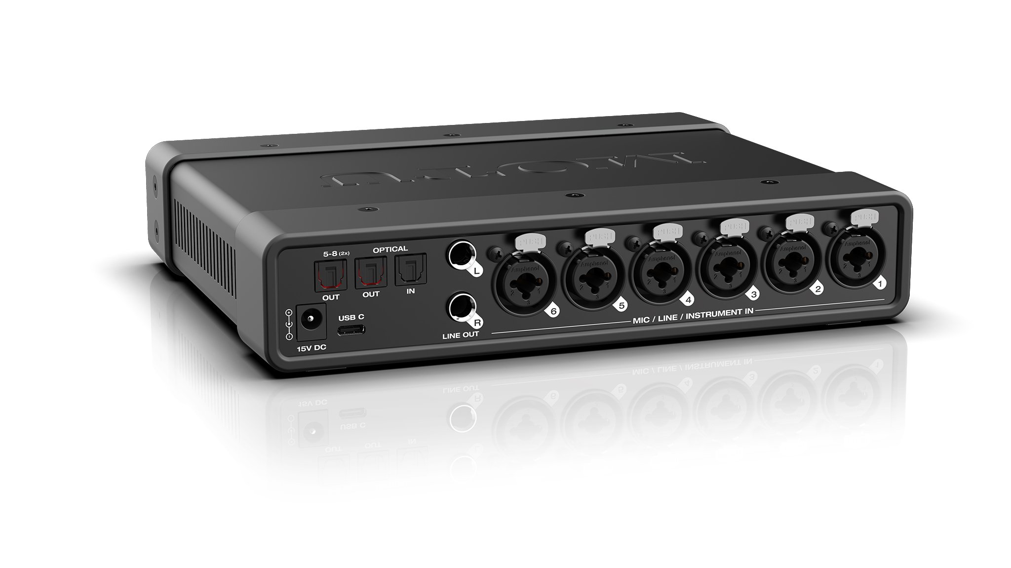 Rear panel of the MOTU OctaLite showing six combo mic/line/instrument inputs, two line outputs, optical ports, and USB C